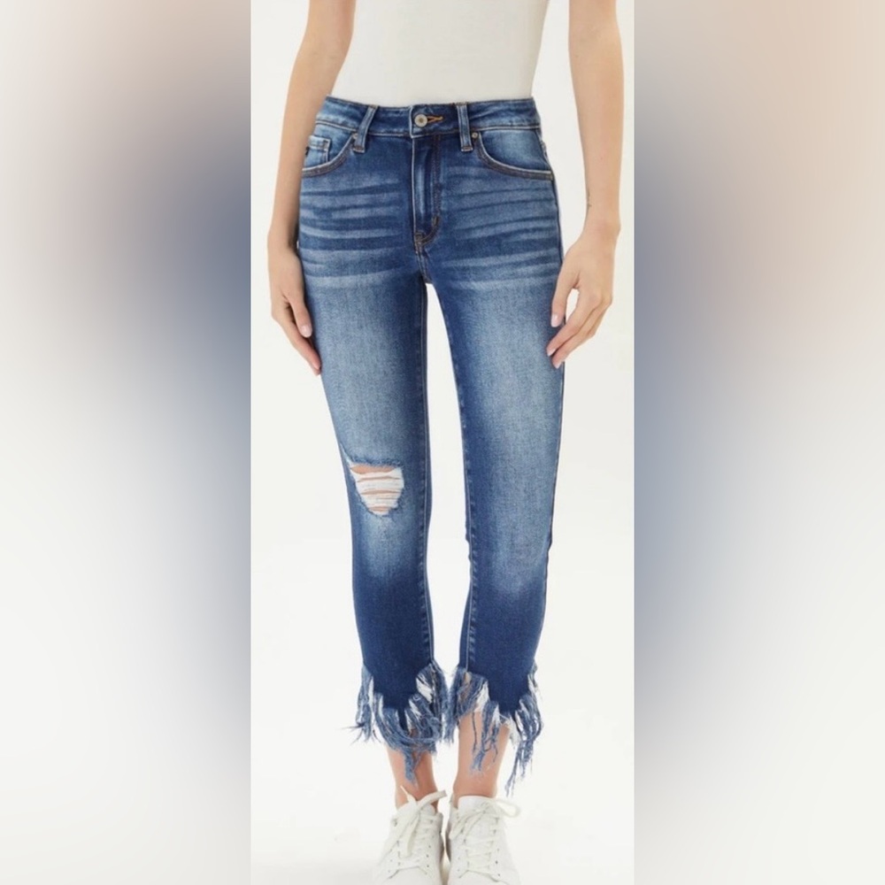 Women’s KanCan Audrina Mid Rise Ankle Jeans Distressed Frayed Hem 7/27 Stretch
